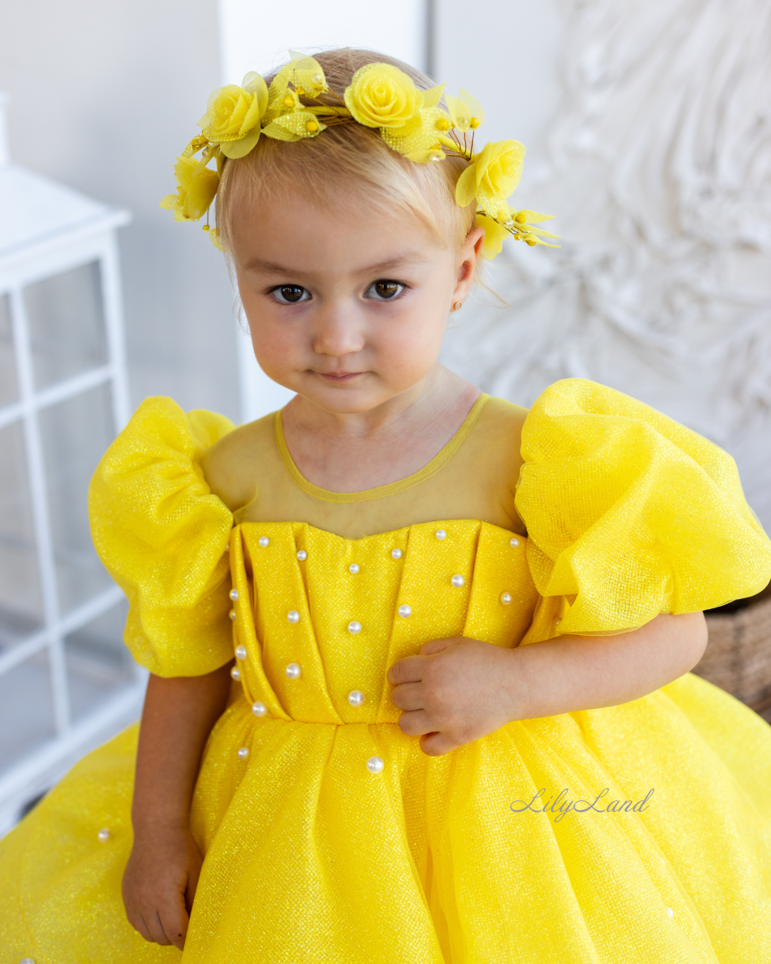 Kira Glitter Puffy Girl Dress in Yellow with Beads