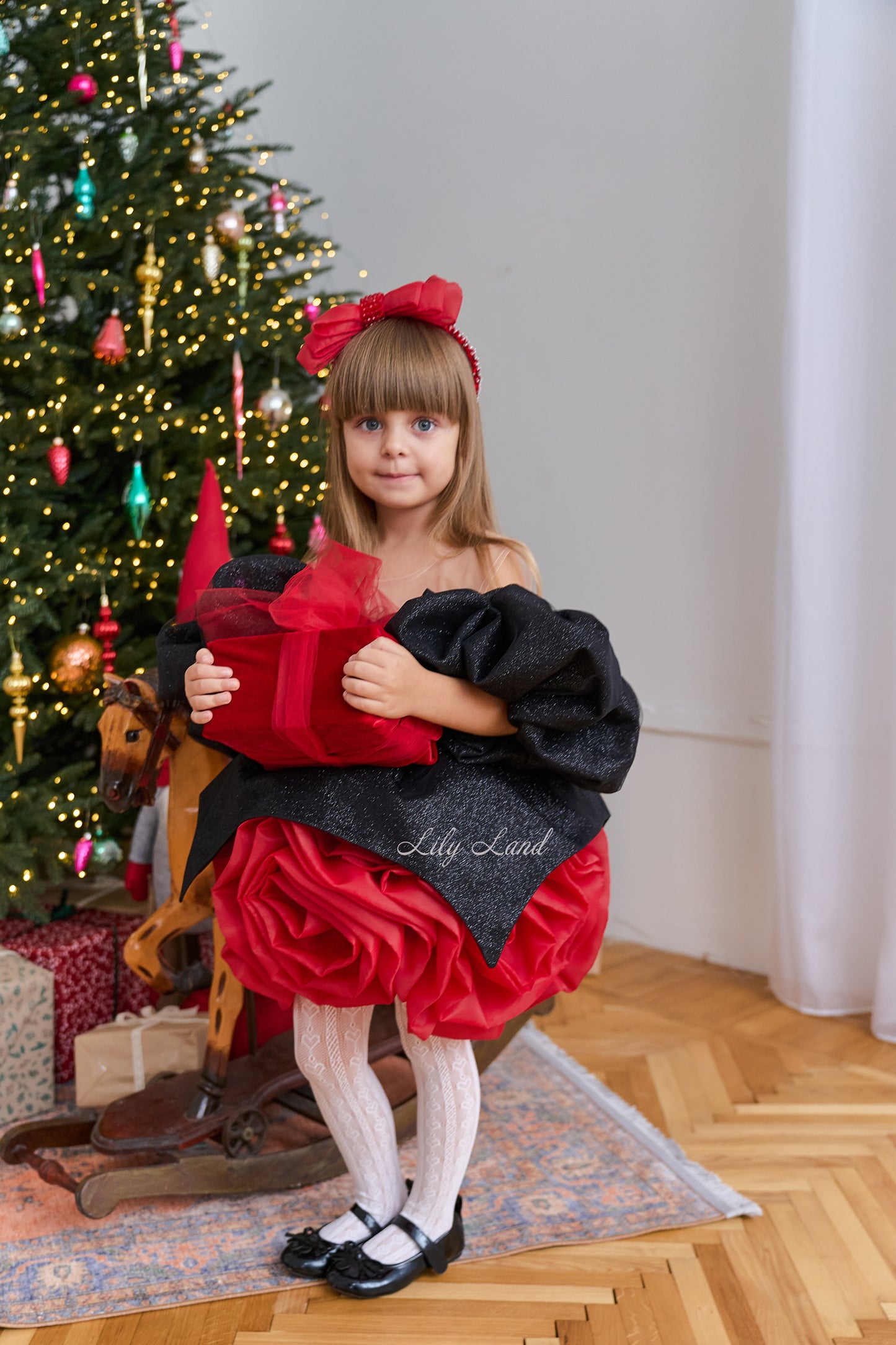 Dolly Glitter Christmas Dress in Black with Red