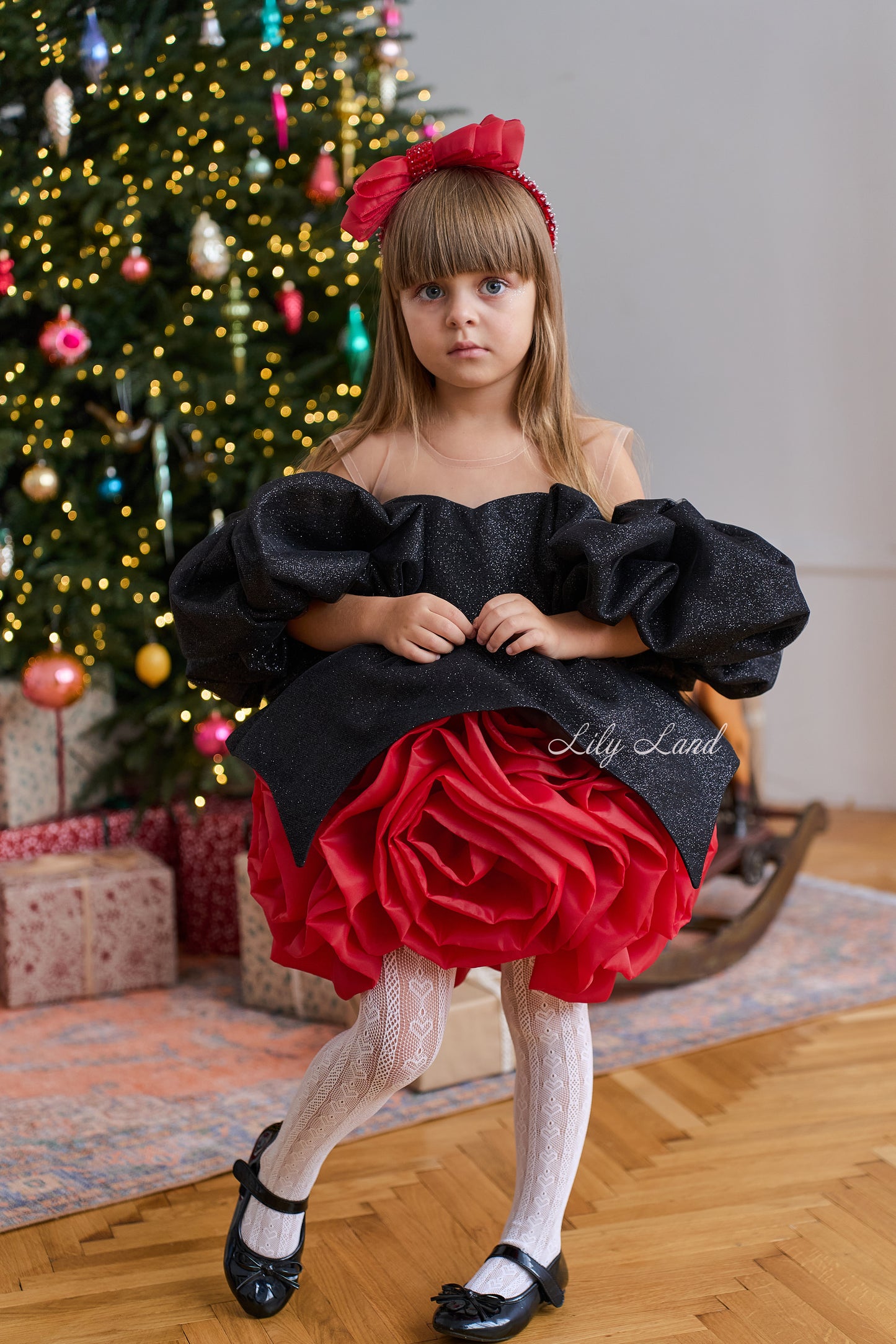 Dolly Glitter Christmas Dress in Black with Red