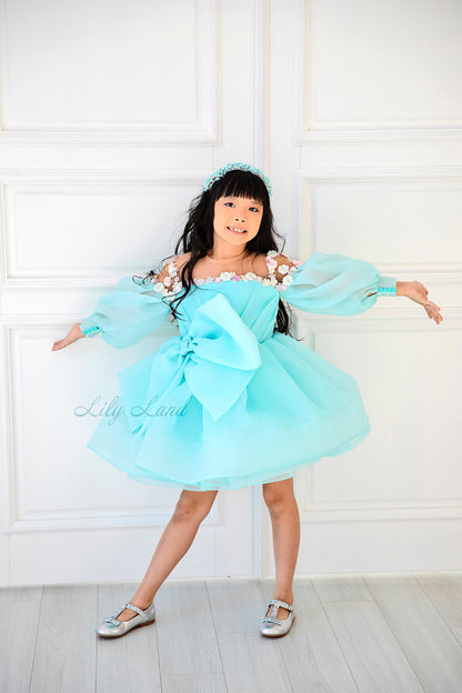 April Girl Dress with Colorful Flowers in Turquoise