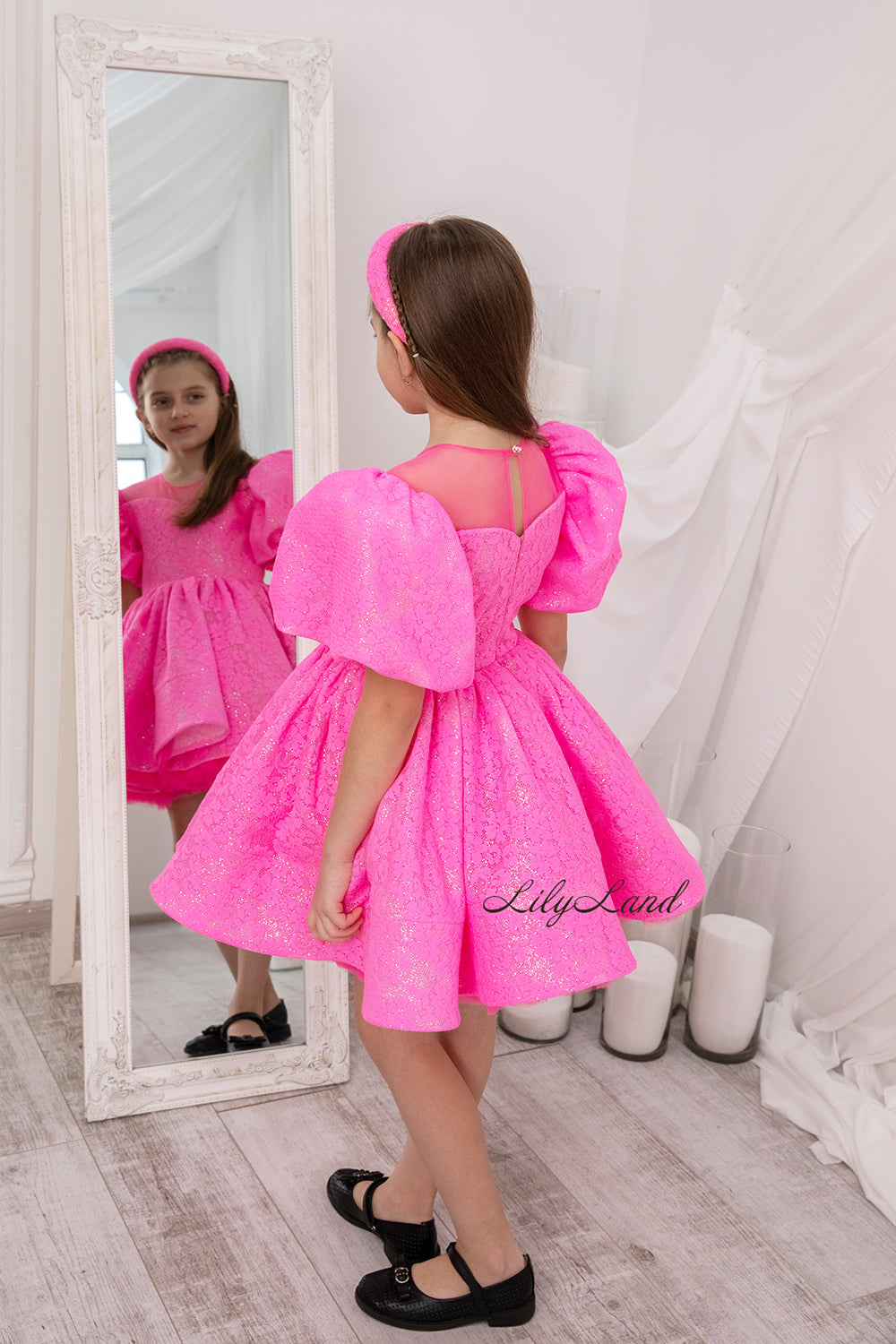 Nora Girl Dress with Glitter and Lace in Neon Pink