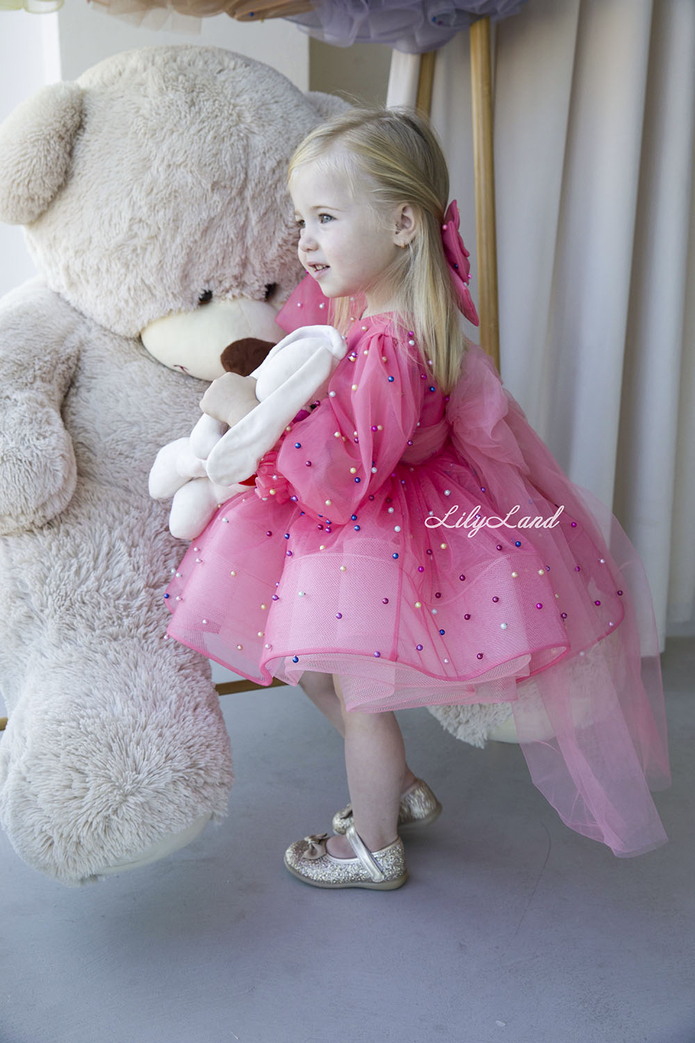 Bussie Tutu Girl Dress in Pink with Colored Beads