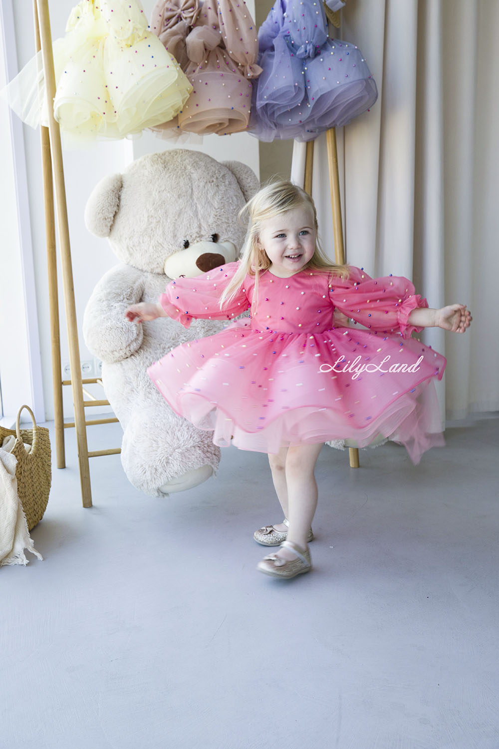 Bussie Tutu Girl Dress in Pink with Colored Beads