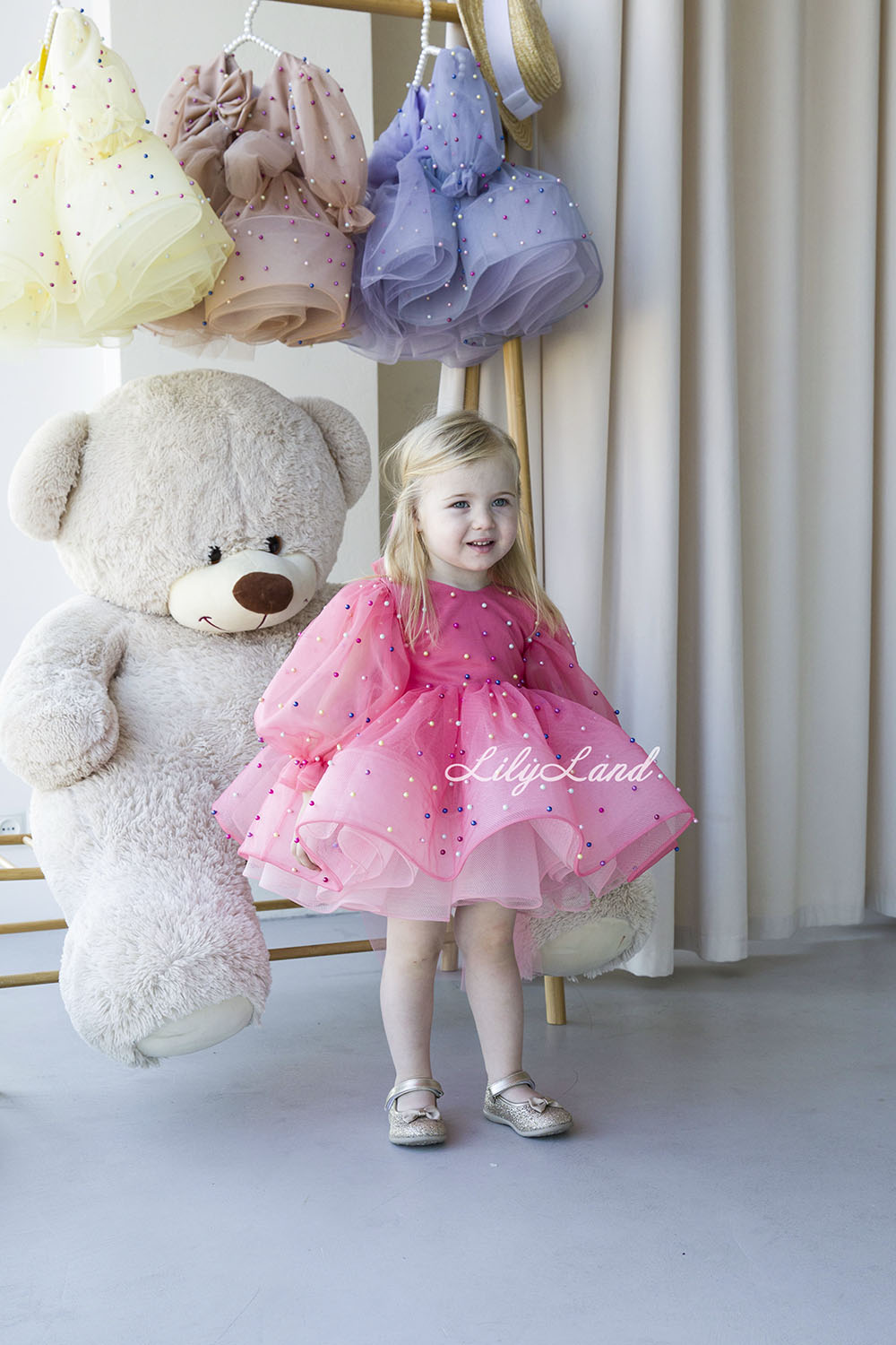 Bussie Tutu Girl Dress in Pink with Colored Beads