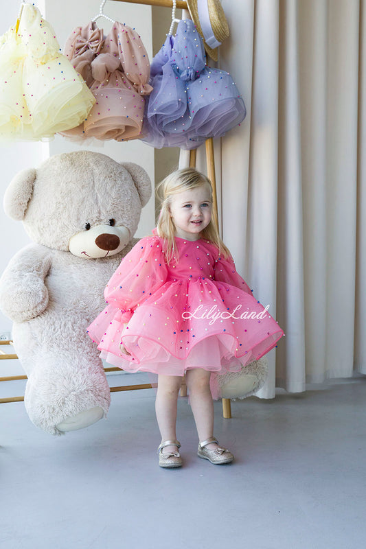 Bussie Tutu Girl Dress in Pink with Colored Beads