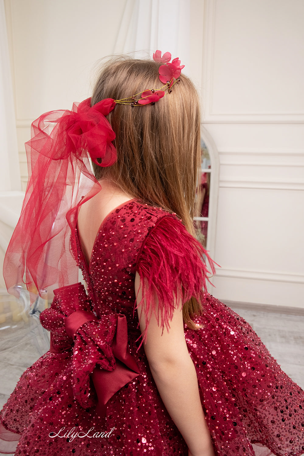 Natalie Sparkling Tutu Girl Dres with Feather Sleeves in Burgundy