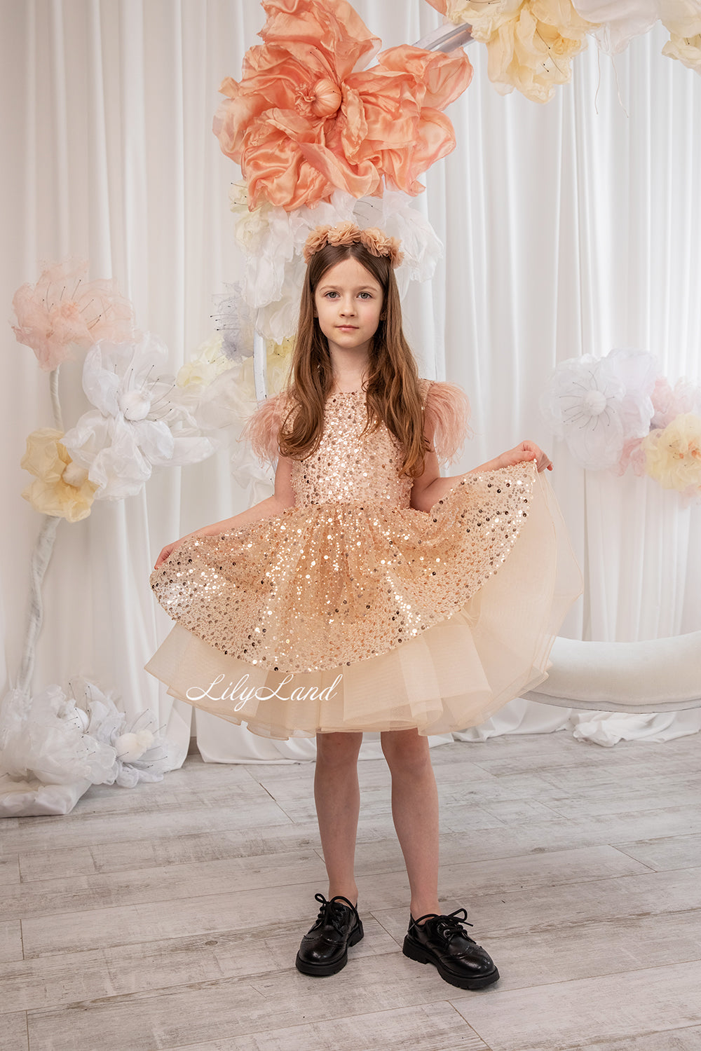 Natalie Sparkling Tutu Girl Dres with Feather Sleeves in Beige Gold