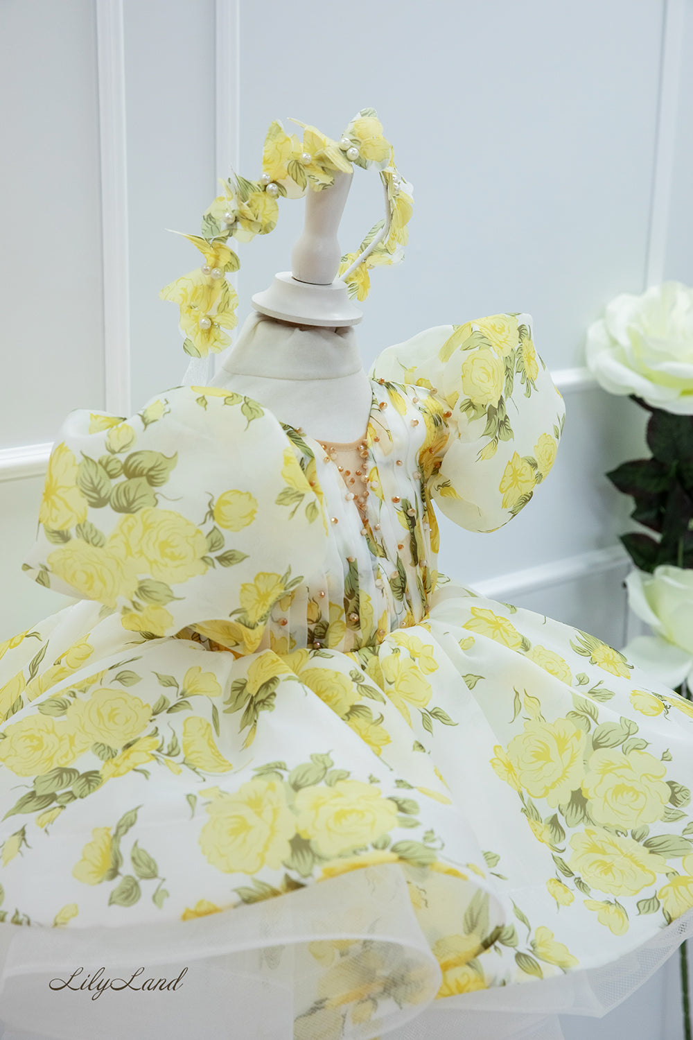 Rihanna Puffy Girl Dress in White with Yellow Roses Pattern