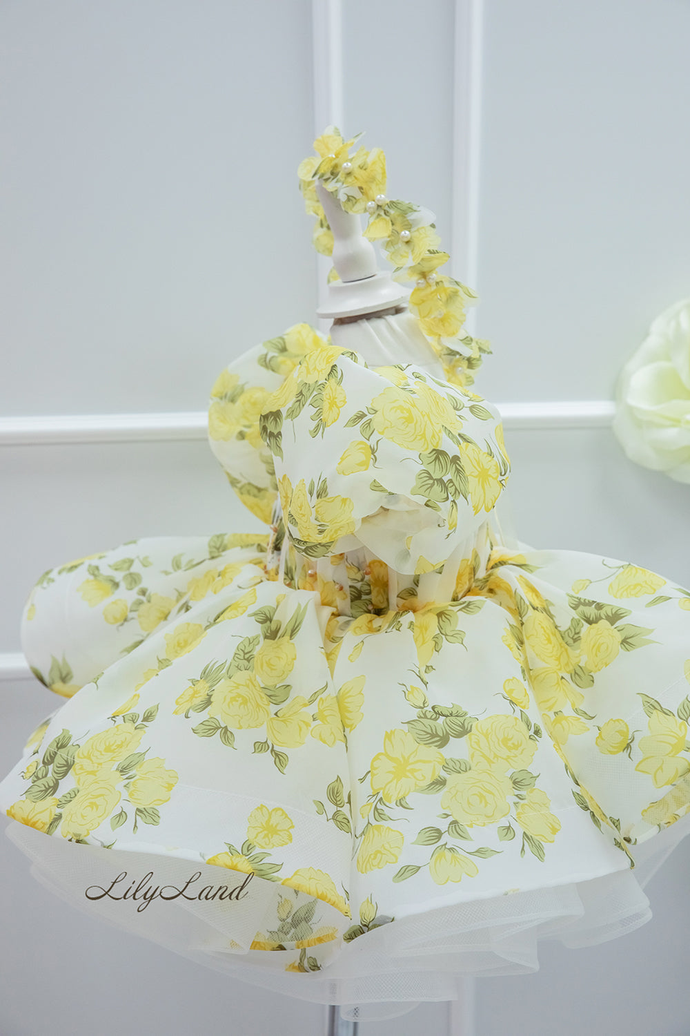 Rihanna Puffy Girl Dress in White with Yellow Roses Pattern