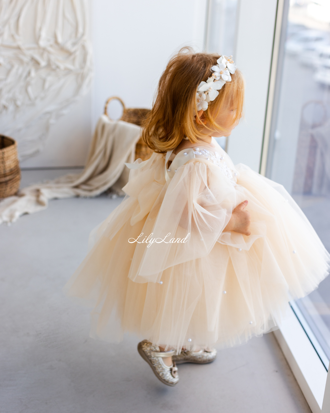 Chantal Baby Girl Dress in Pastel Cream with Detachable Sleeve