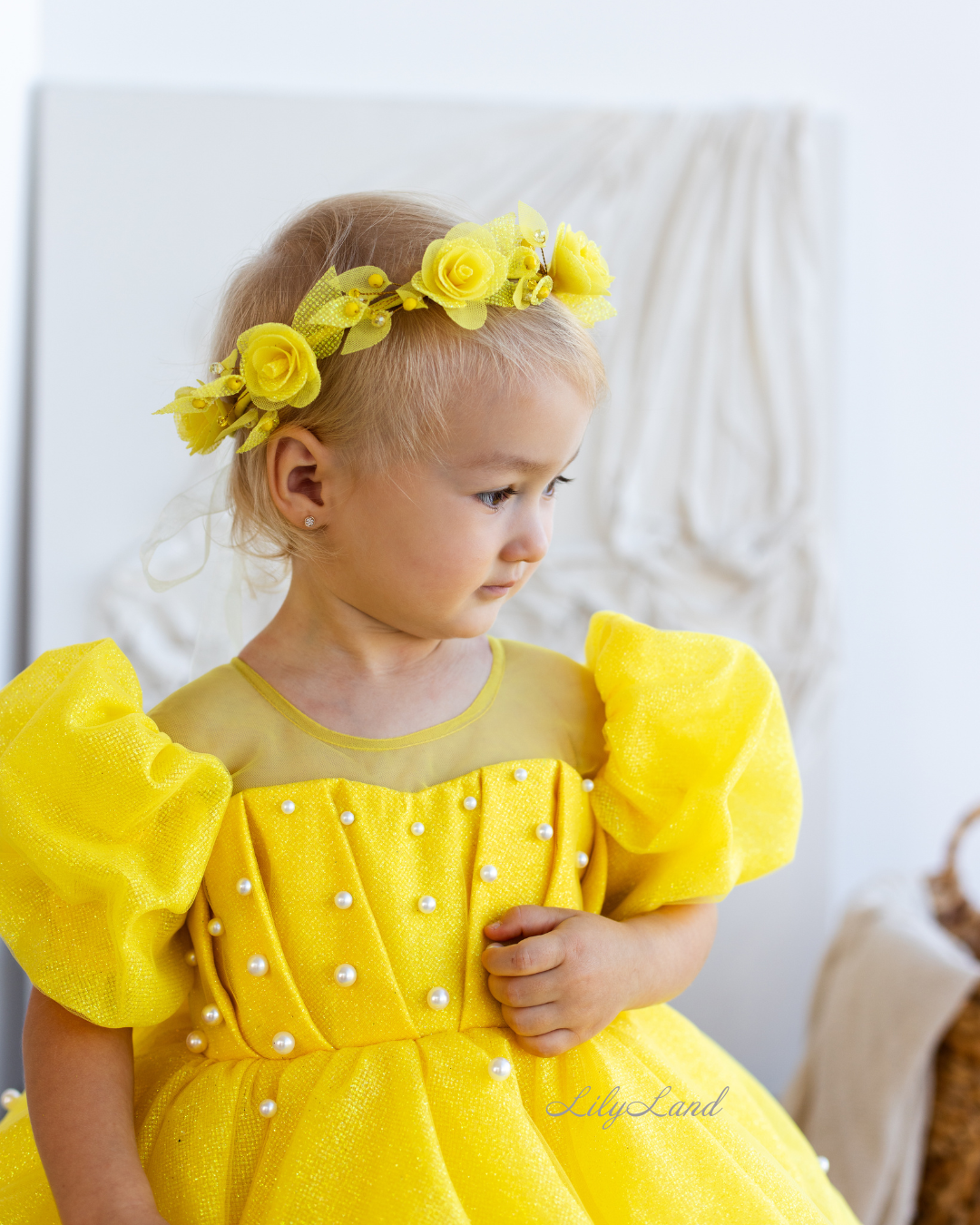 Kira Glitter Puffy Girl Dress in Yellow with Beads