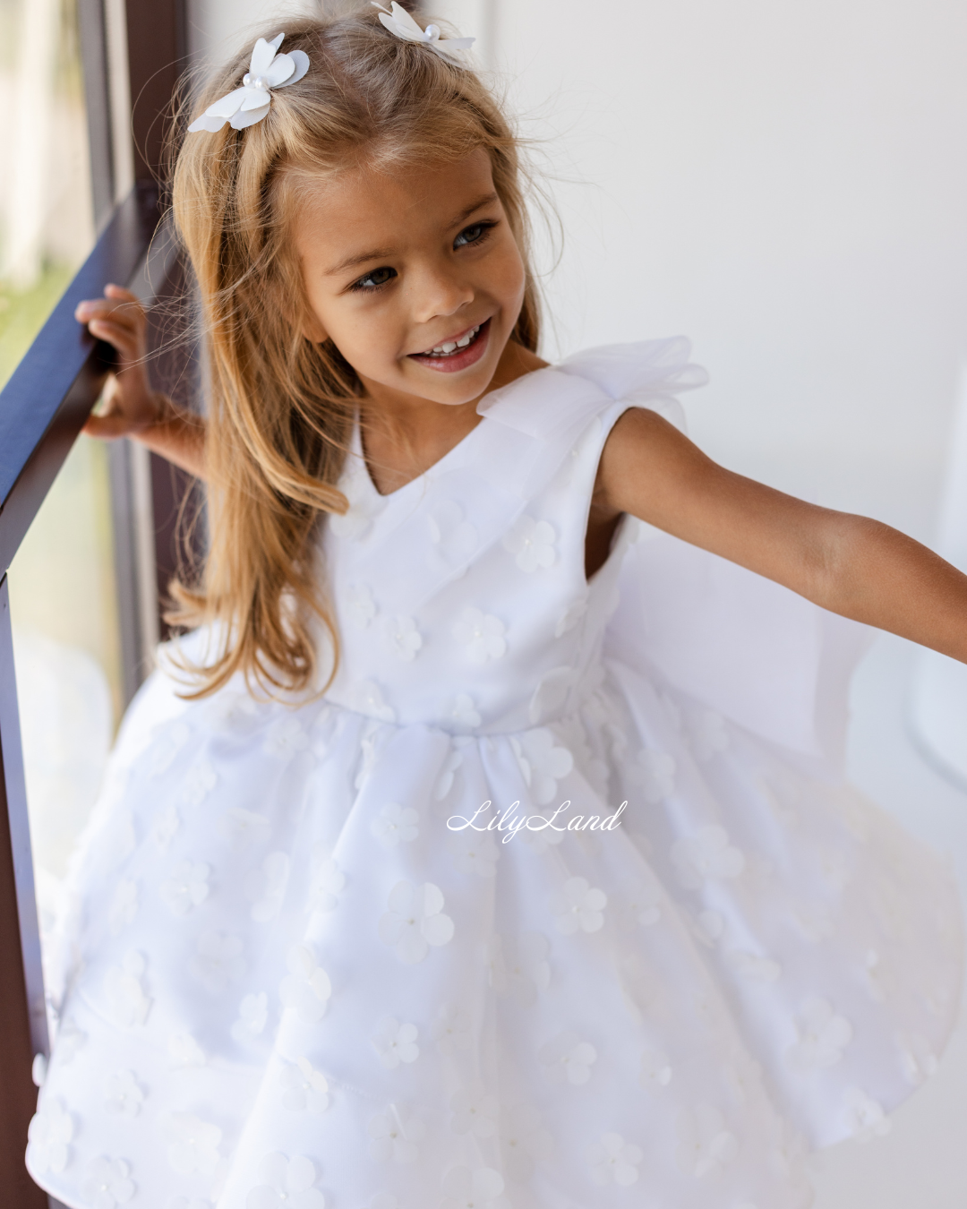 Malva Girl Dress with 3D Flower Lace in White