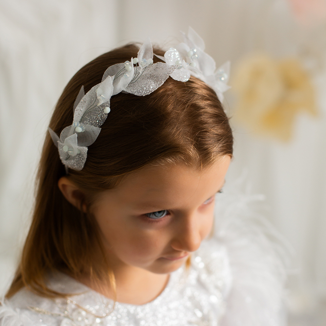 Girl Headpiece in Black with Beads and Glitter Leaves