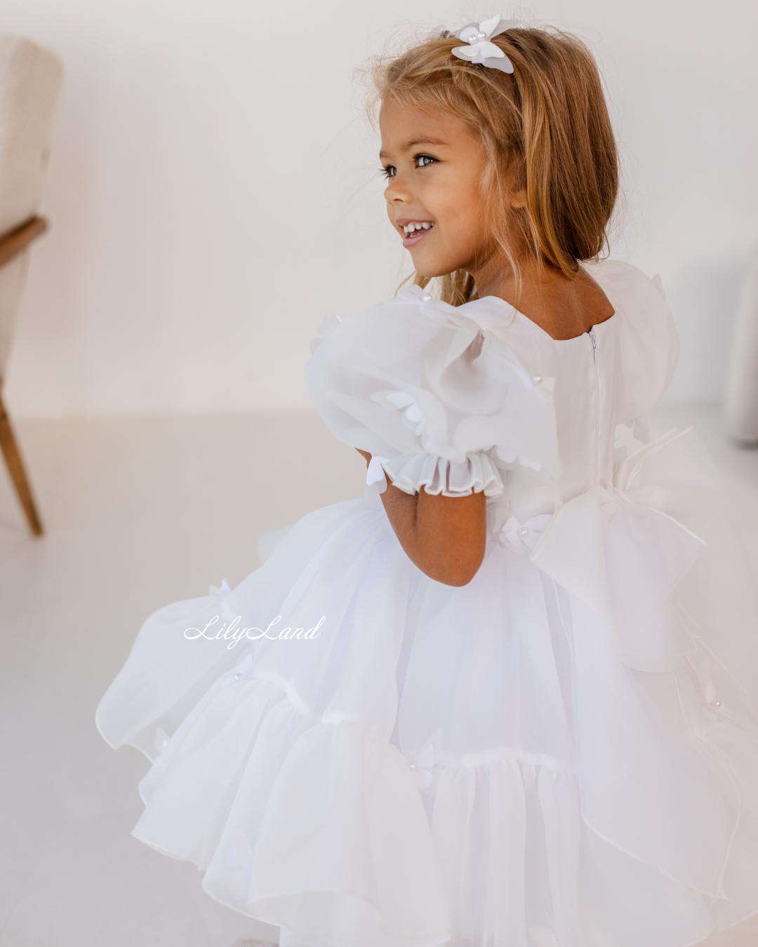 Marseille Puffy Dress in White with White Butterflies