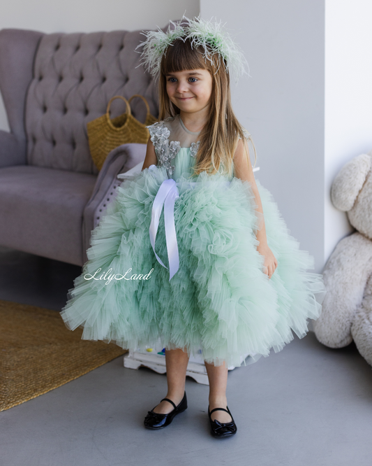 Lel Girl Ruffles Dress in Sage Green with Flower Lace