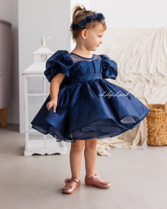 Kira Glitter Puffy Girl Dress in Dark Blue