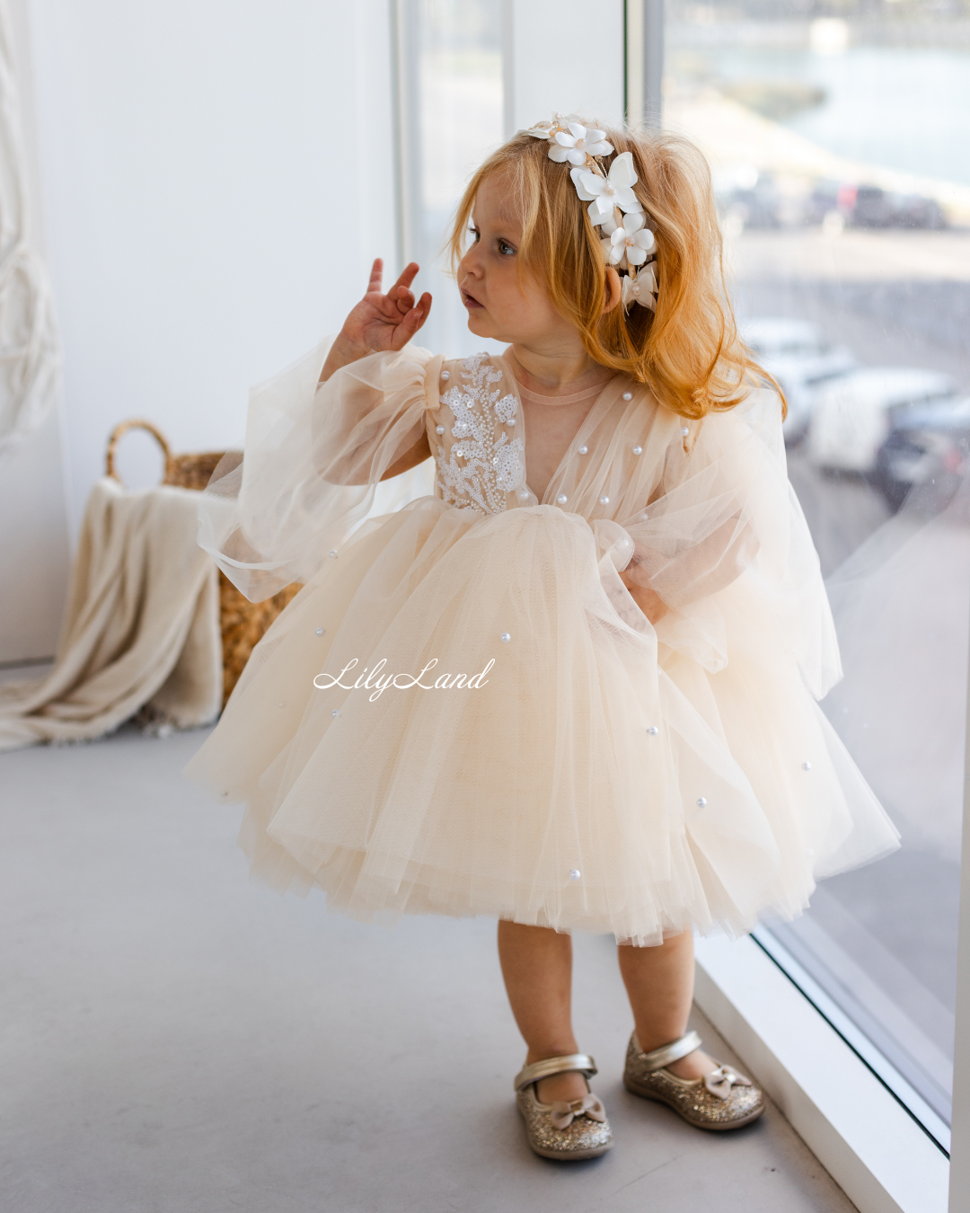 Chantal Baby Girl Dress in Pastel Cream with Detachable Sleeve