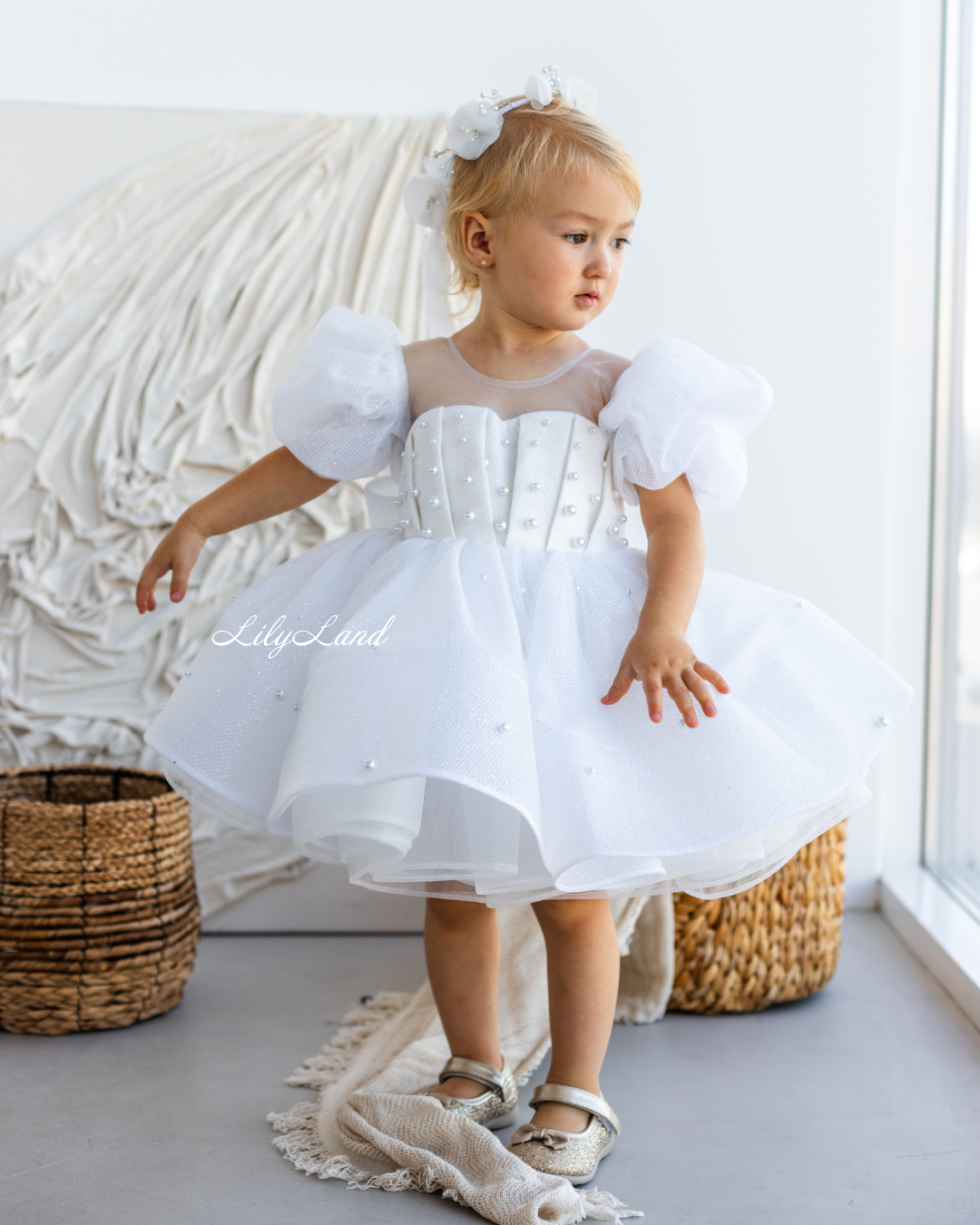 Kira Glitter Puffy Girl Dress in White with Beads