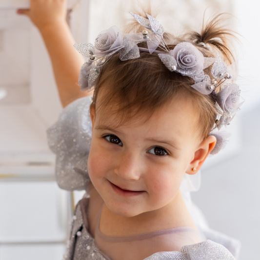 Girl Hair Accessories with Roses and Glitter Leaves in Silver