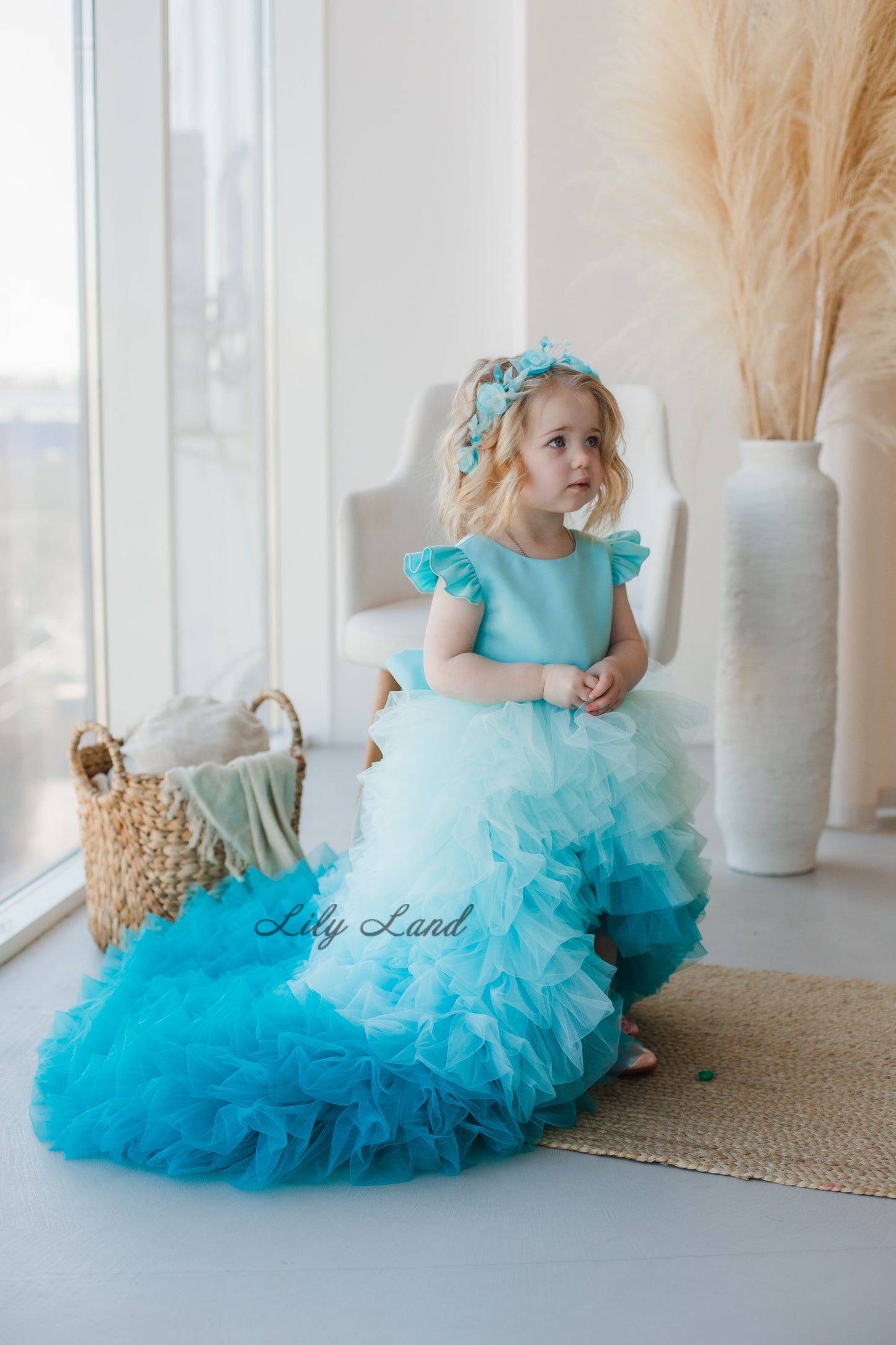 Rosa Girl Dress in Blue Ombre with Long Train