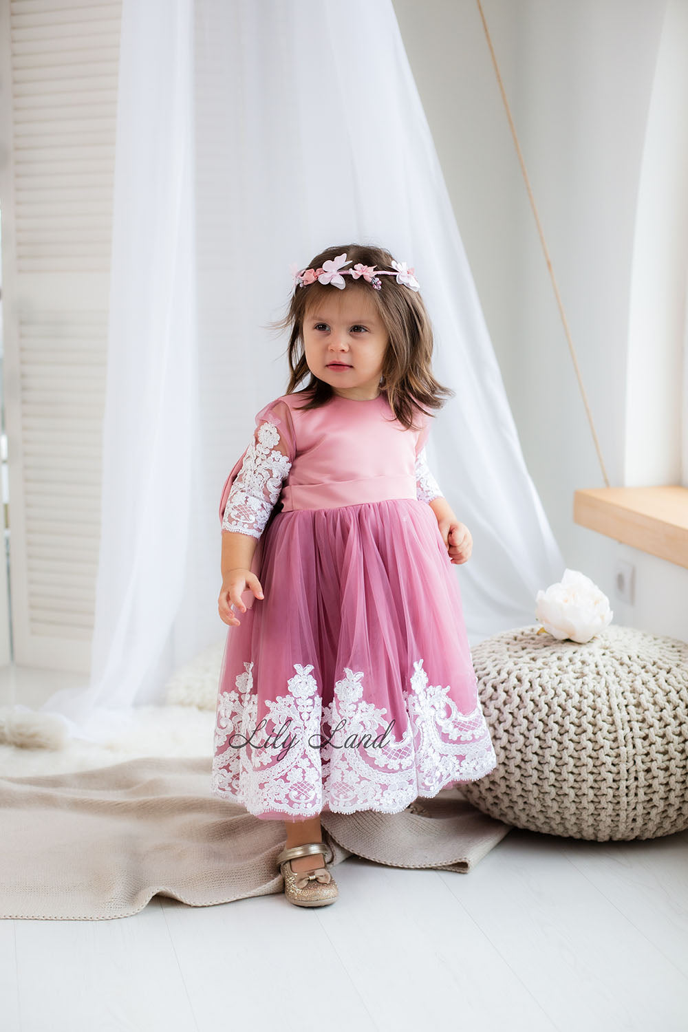 Amelie Girl Dress In Dusty Rose with Long Lace Sleeves