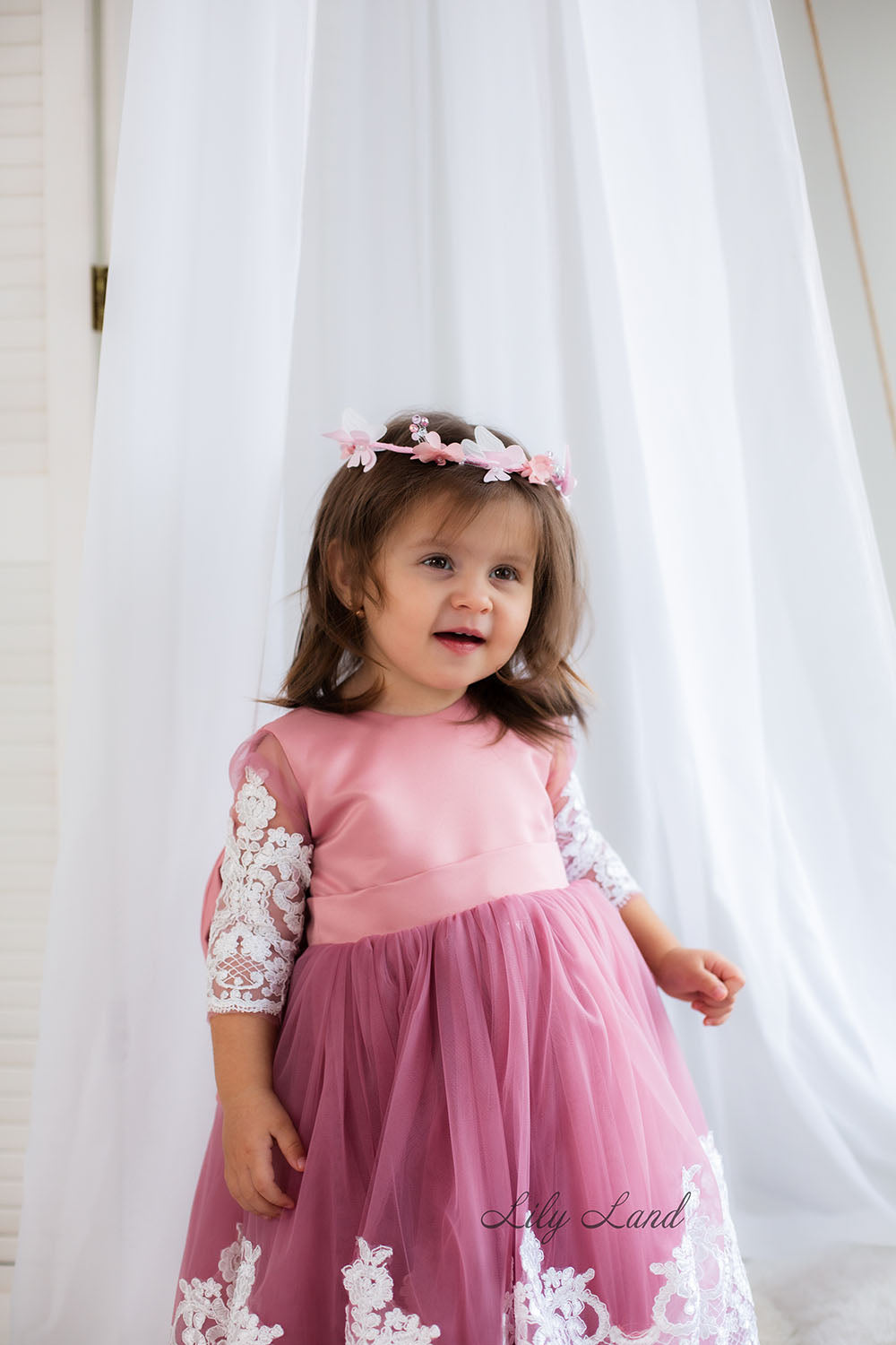 Amelie Girl Dress In Dusty Rose with Long Lace Sleeves