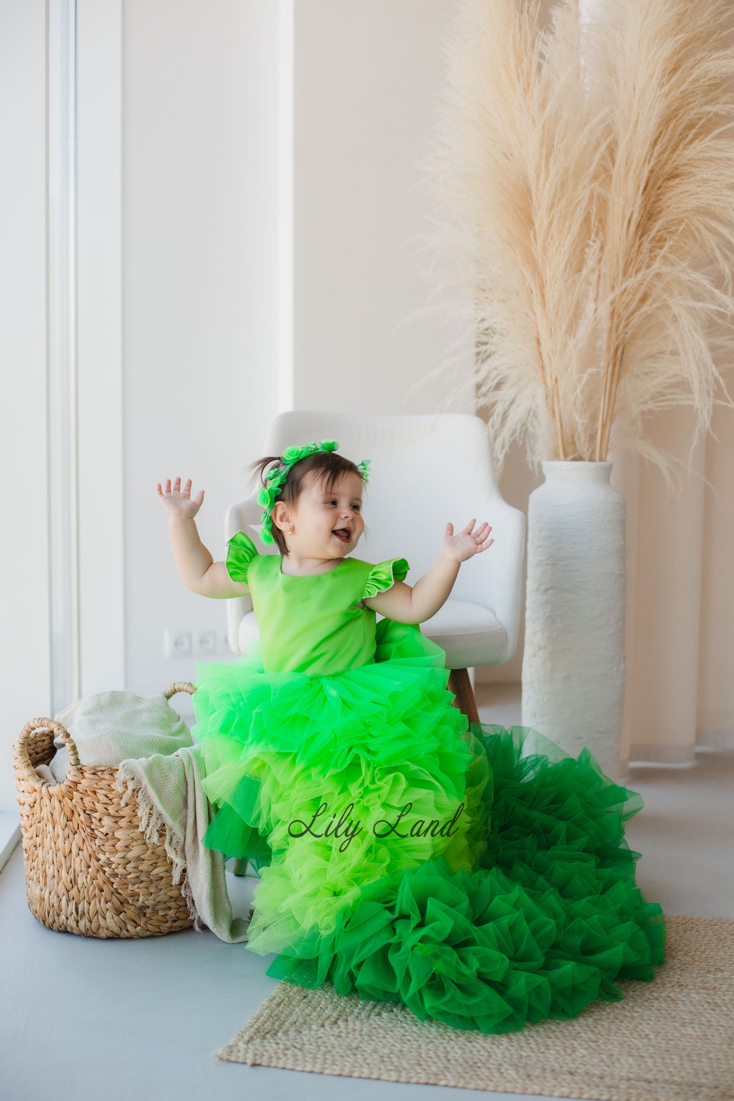 Rosa Girl Dress in Hot Green Ombre with Long Train