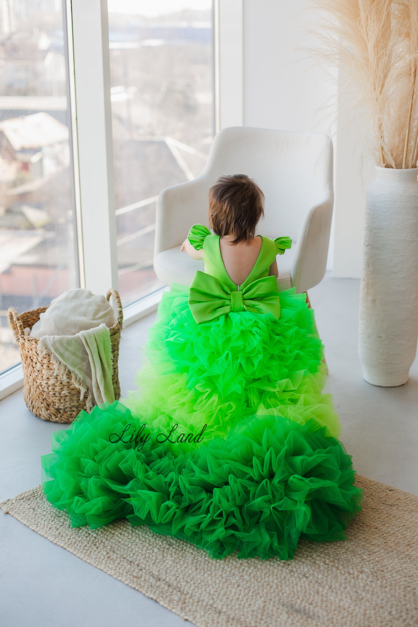 Rosa Girl Dress in Hot Green Ombre with Long Train