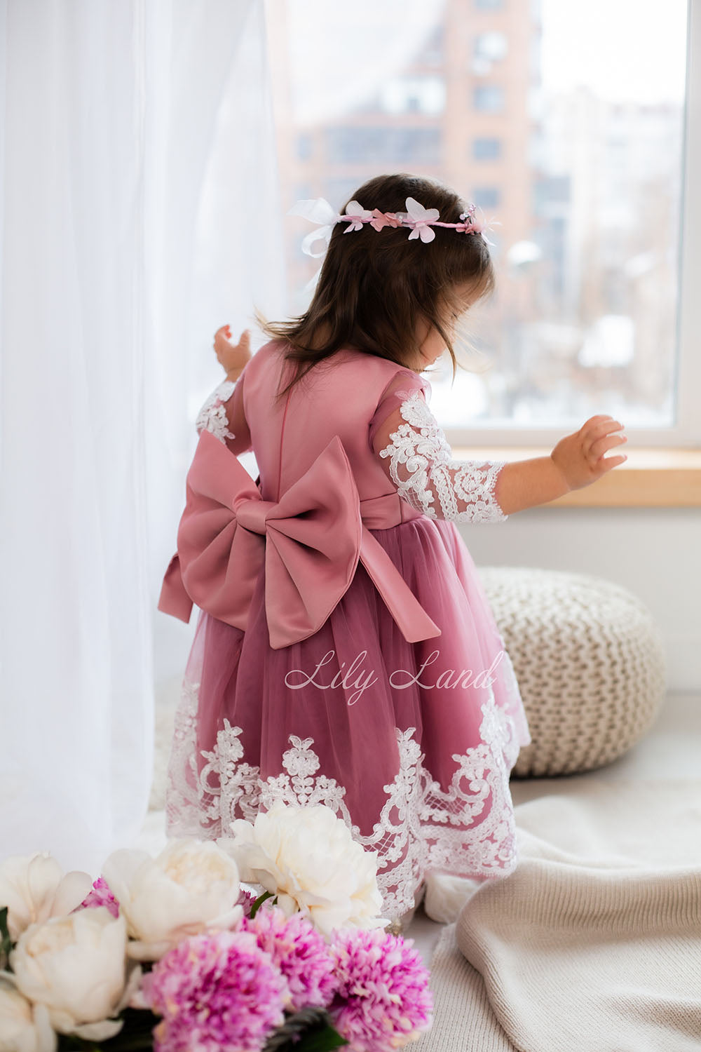 Amelie Girl Dress In Dusty Rose with Long Lace Sleeves