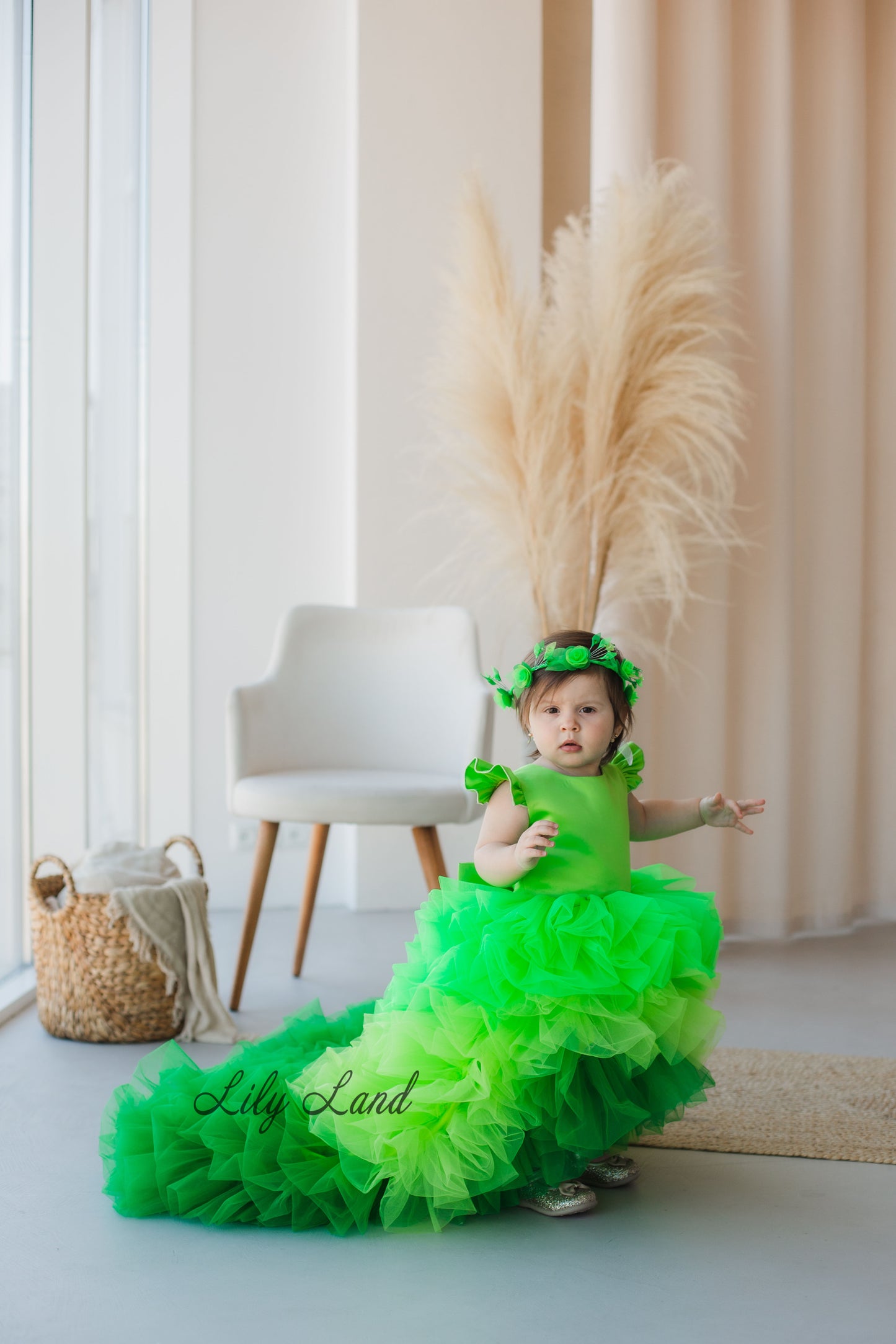 Rosa Girl Dress in Hot Green Ombre with Long Train