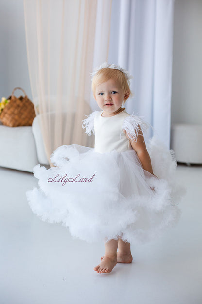 Cloud Girl Fluffy Dress in White with Feathers Sleeves