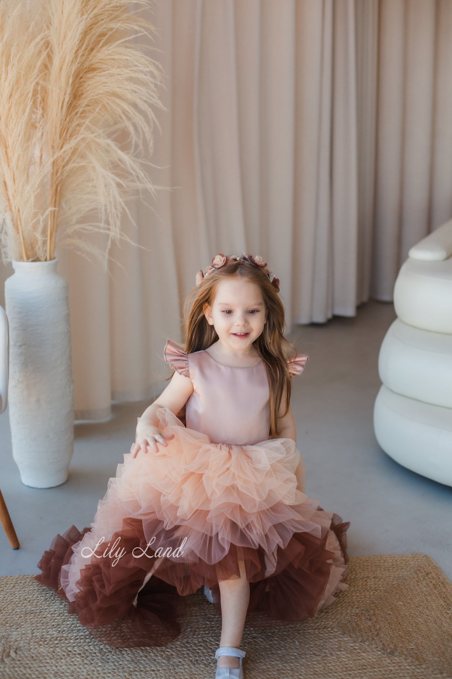 Rosa Girl Dress in Cappuccino Ombre with Long Train