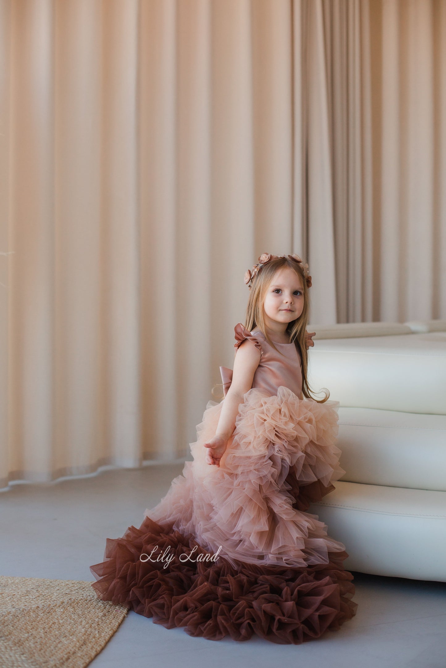 Rosa Girl Dress in Cappuccino Ombre with Long Train