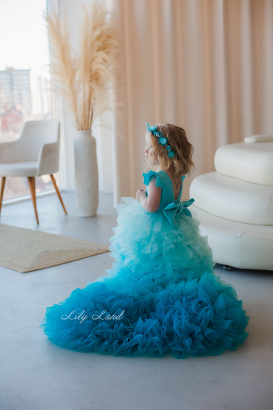 Rosa Girl Dress in Blue Ombre with Long Train