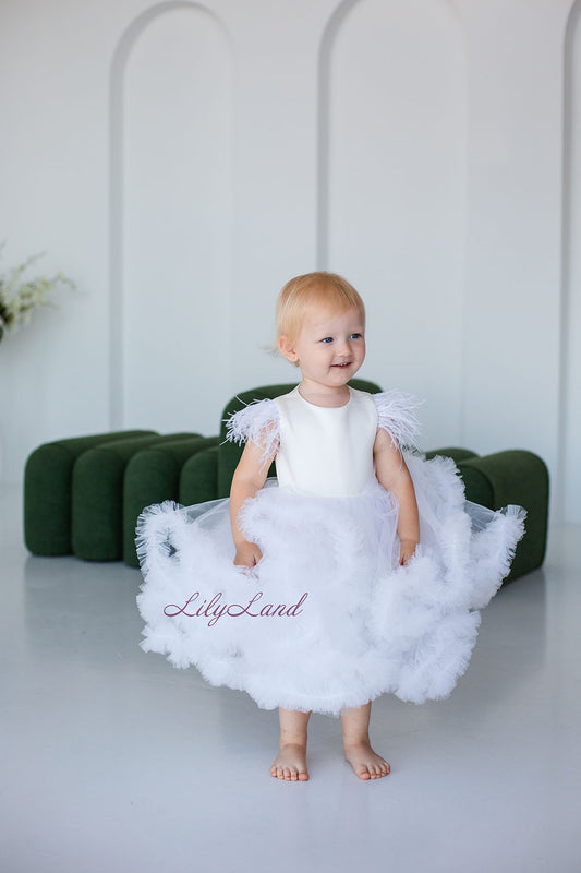 Cloud Girl Fluffy Dress in White with Feathers Sleeves