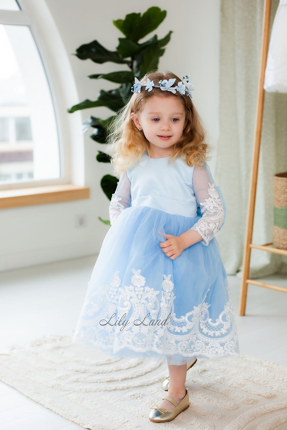 Amelie Girl Dress In Blue with Long Lace Sleeves