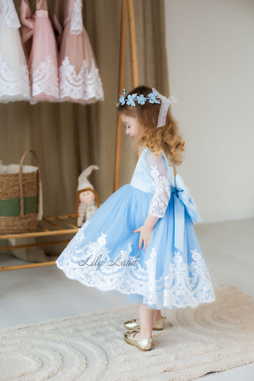 Amelie Girl Dress In Blue with Long Lace Sleeves