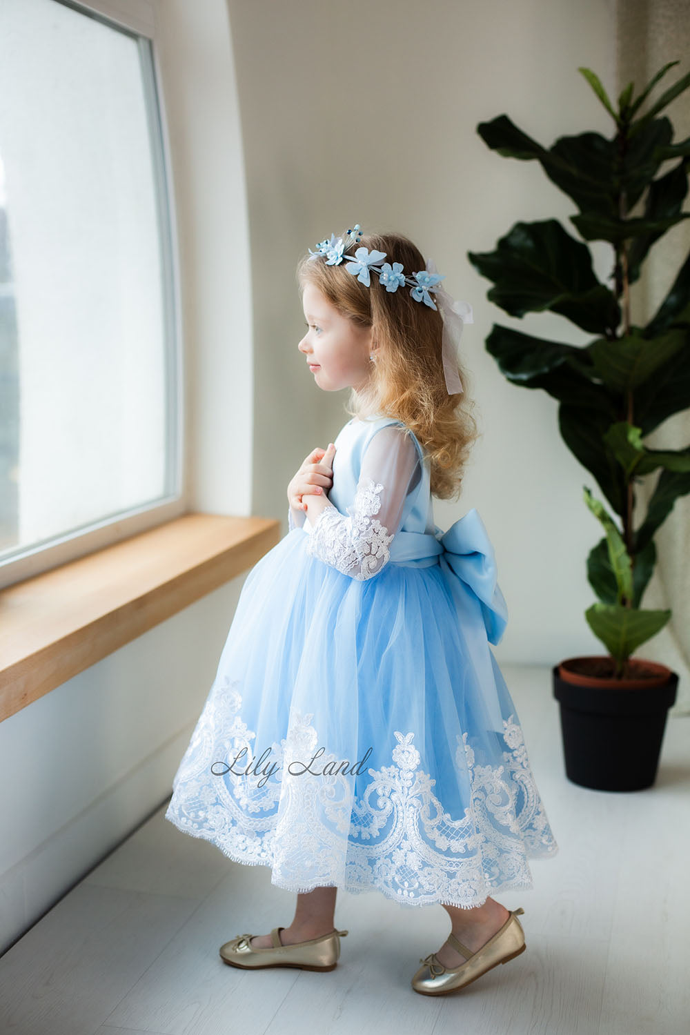 Amelie Girl Dress In Blue with Long Lace Sleeves