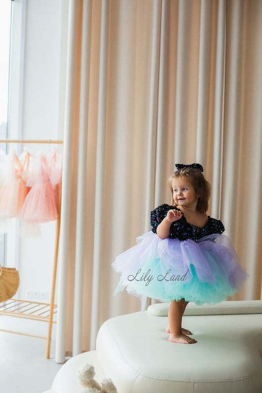 Carmella Girl Dress with Black Sequined Top and Ombre Puffy Skirt