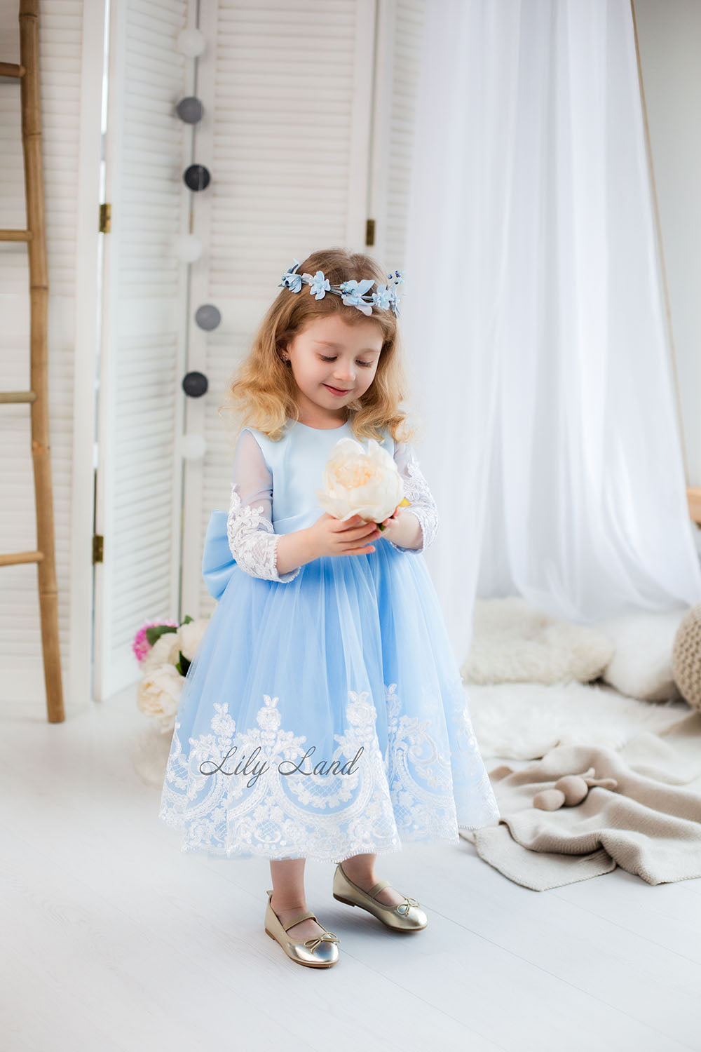 Amelie Girl Dress In Blue with Long Lace Sleeves