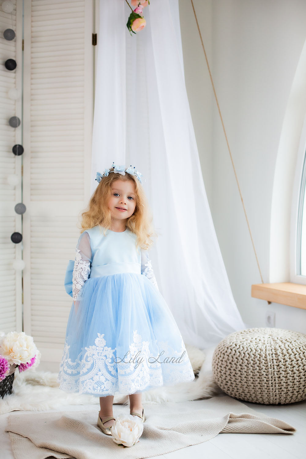 Amelie Girl Dress In Blue with Long Lace Sleeves