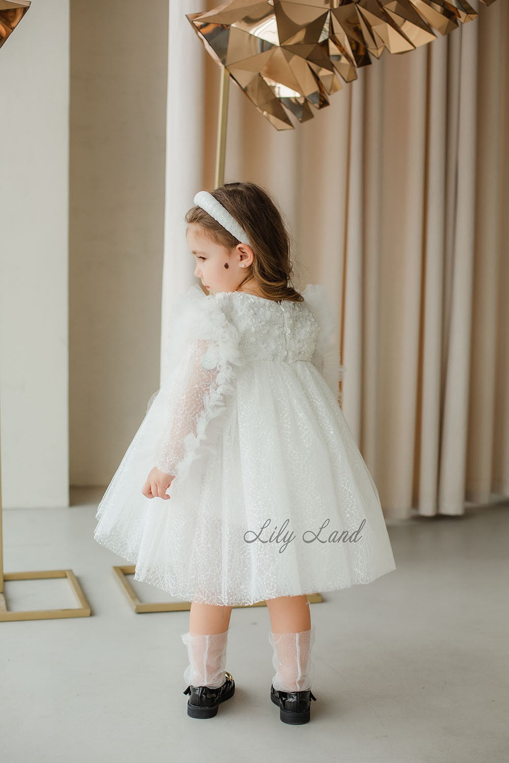 Elizabeth Girl's Dress in Ivory with Lace, Sequins and Small Flowers