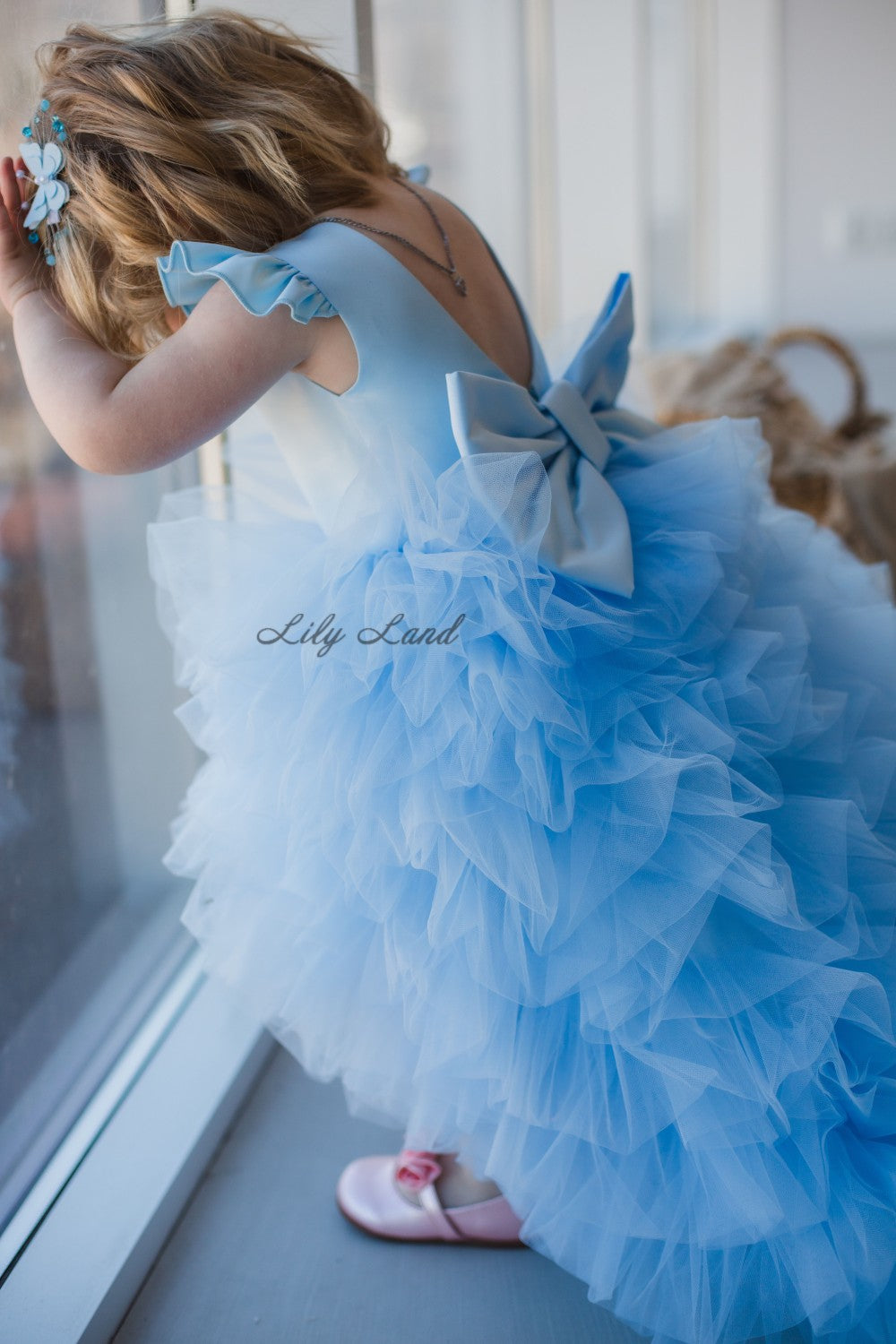 Rosa Girl Dress in Sky Blue with Long Train