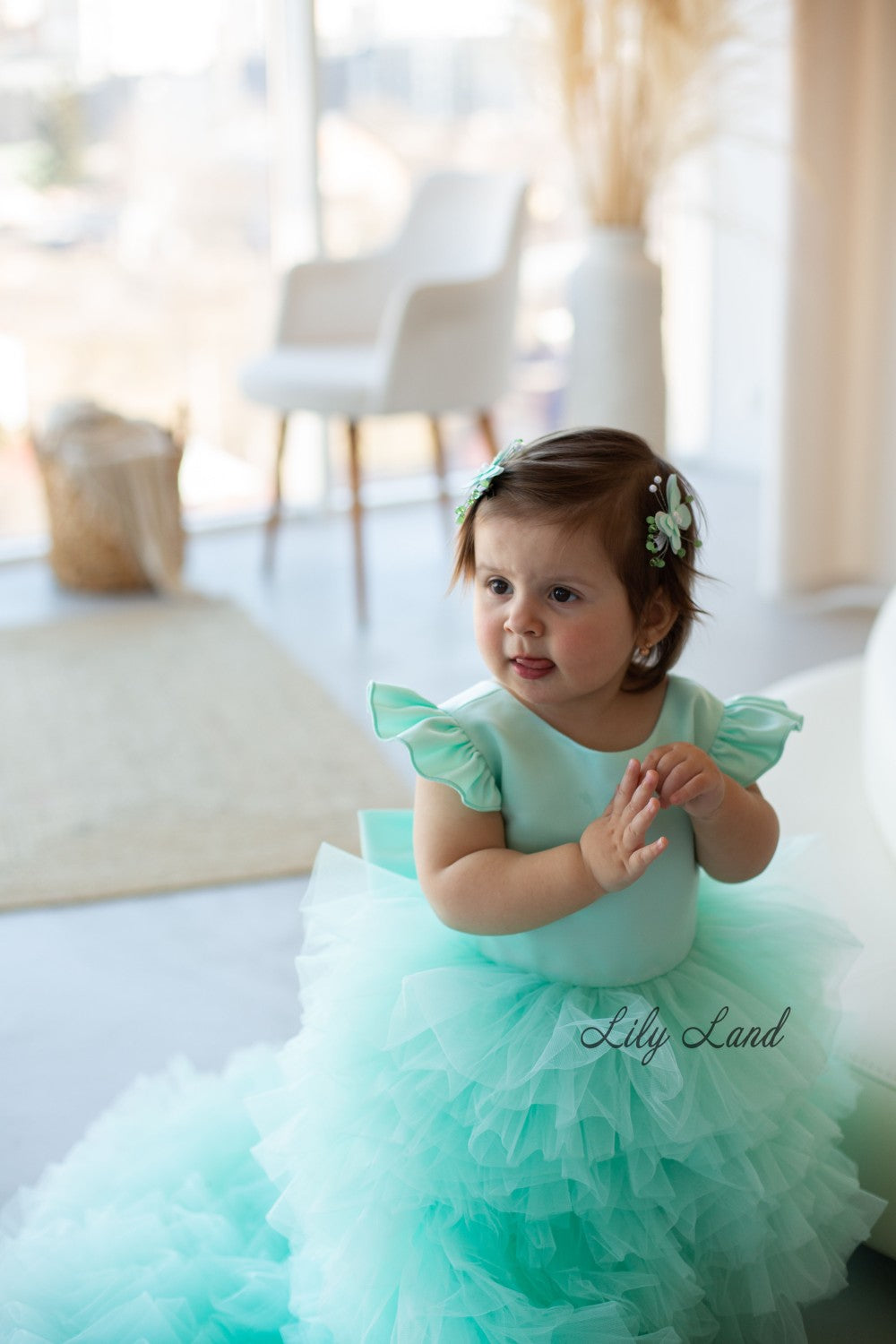 Rosa Girl Dress in Mint with Long Train