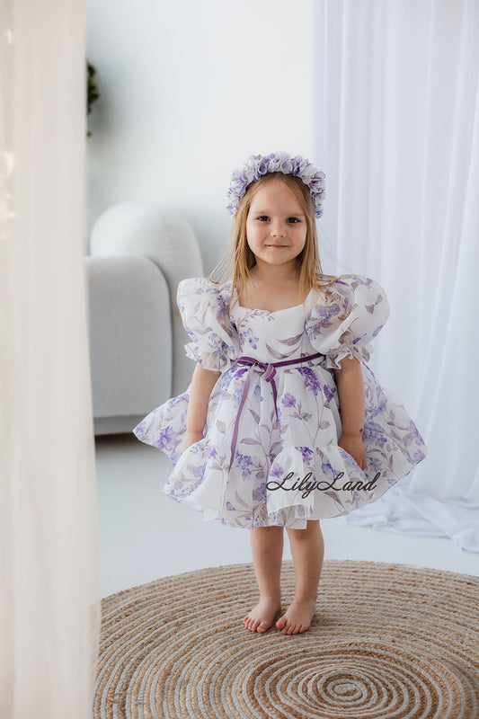 Vestido niña Marsella Abullonada con Estampado Floral Blanco con Lavanda