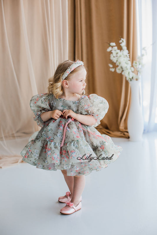 Marseille Vestido Niña Abullonado Estampado Floral en Color Gris y Coral