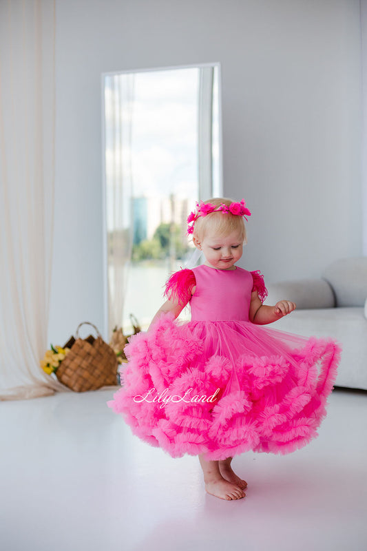 Cloud Girl Fluffy Dress in Barbie Pink with Feathers Sleeves