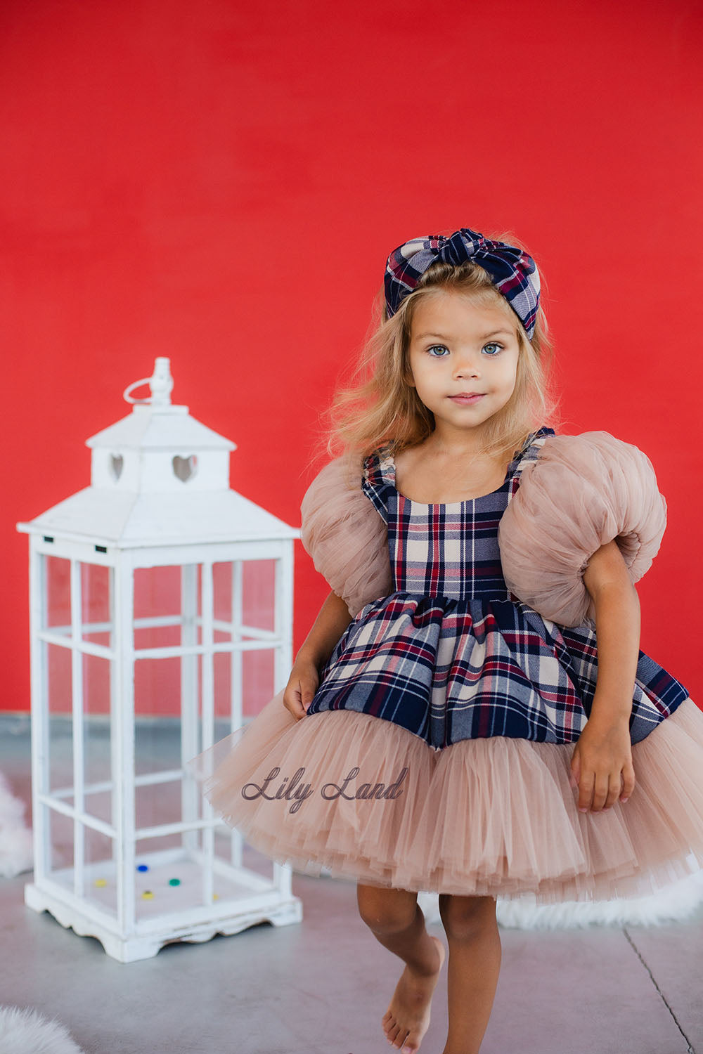 Vestido Niña Navidad Año Nuevo Manga Abullonada Tul Color Beige