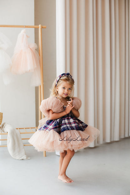 Vestido Niña Navidad Año Nuevo Manga Abullonada Tul Color Beige