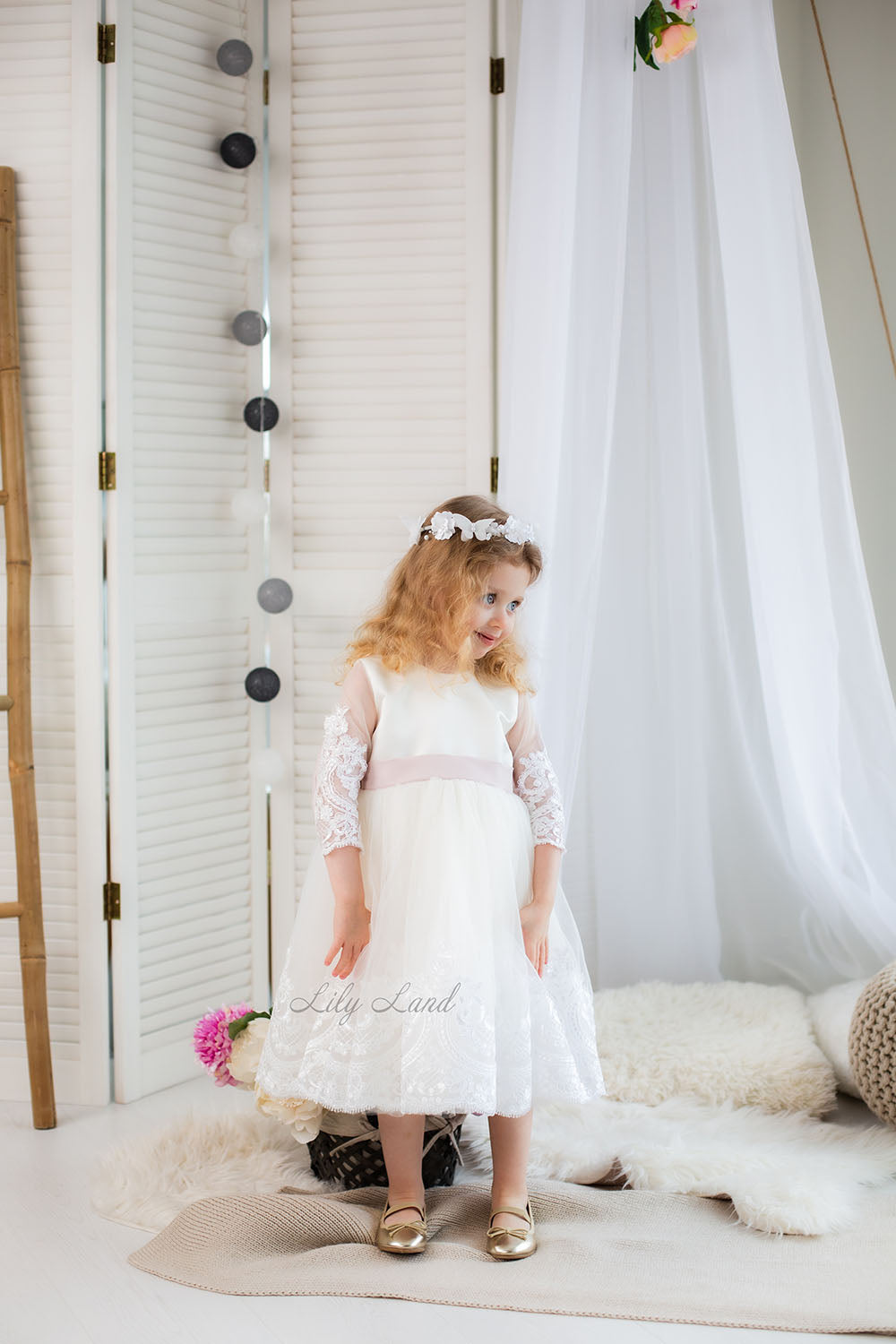 Amelie Girl Dress In White with Long Lace Sleeves